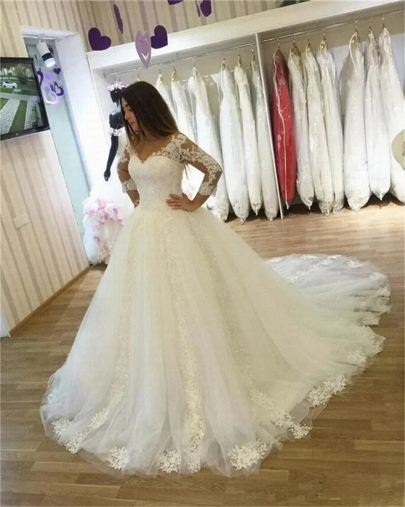 Appliques Vestido De Noiva Sexy V-Neck Arabic Wedding Dress 2023 Lace Skirt Plus Size Robe De Marie (ZD14055)