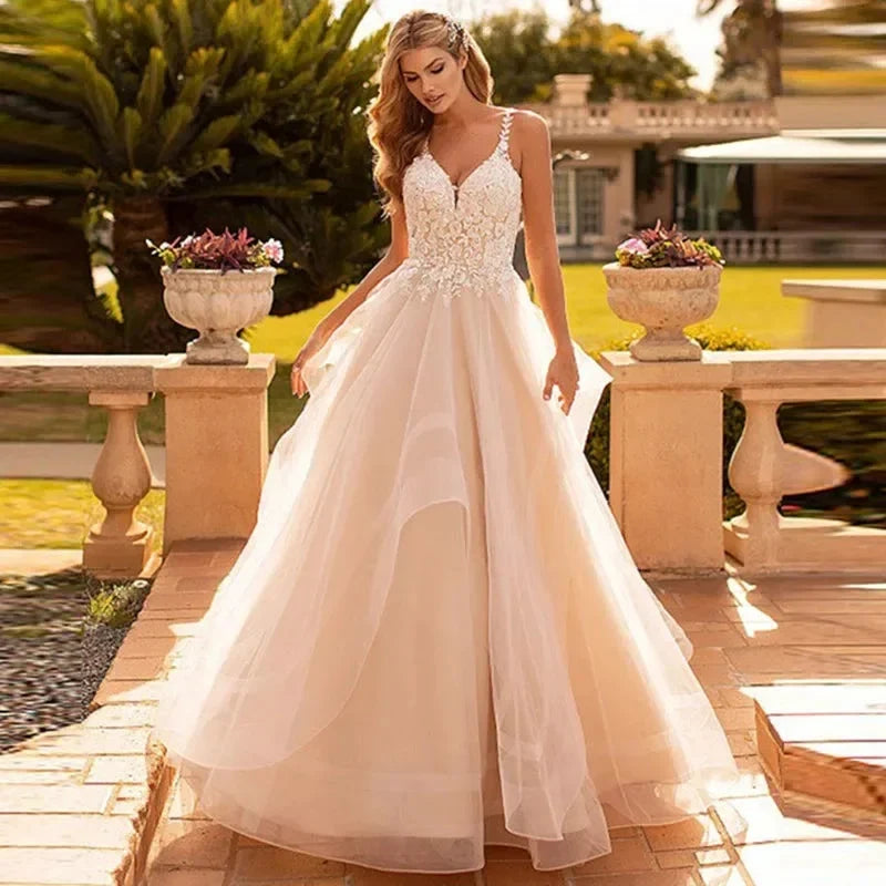 Appliques Vestido De Noiva Sexy V-neck Vestidos De Novia Spaghetti Straps Wedding Dresses Lace Robe De Mariée (ZD14045)
