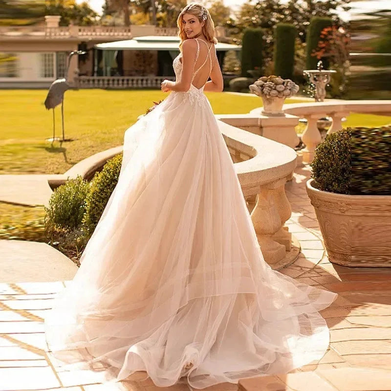 Appliques Vestido De Noiva Sexy V-neck Vestidos De Novia Spaghetti Straps Wedding Dresses Lace Robe De Mariée (ZD14045)