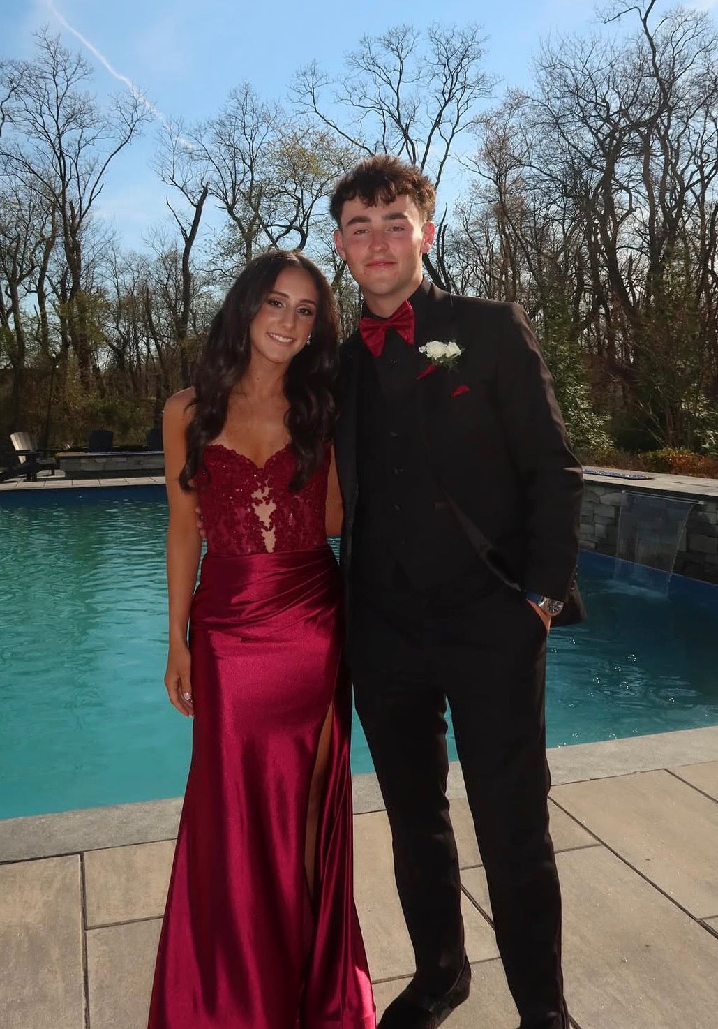 Appliques Burgundy Sheath Satin Prom Dress With Slit  J10236