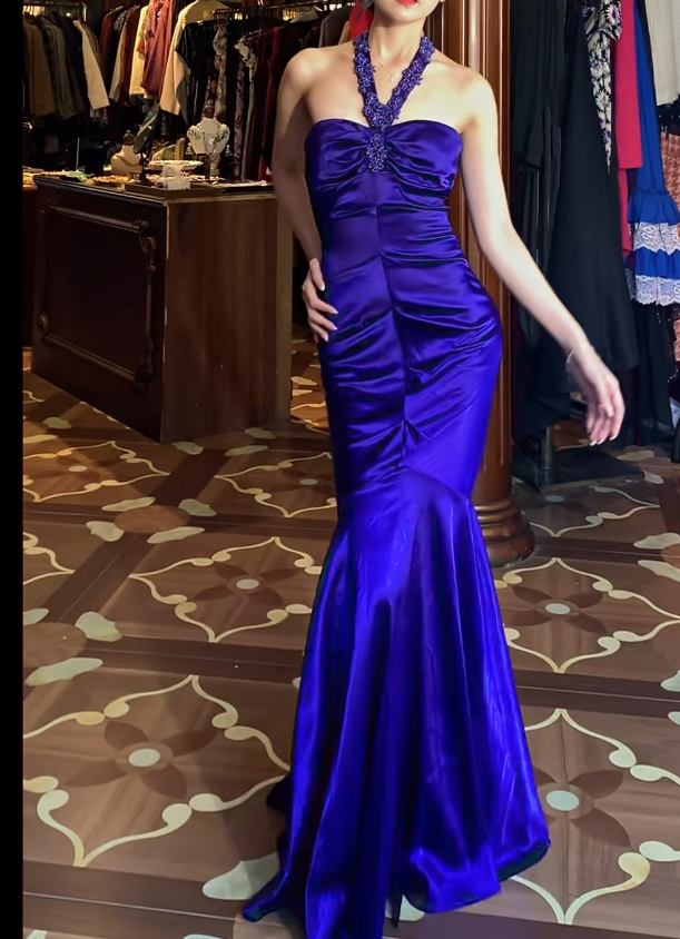 Appliques Halter Satin Royal Blue Mermaid Prom Dress J9675