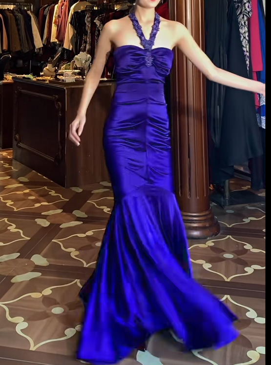Appliques Halter Satin Royal Blue Mermaid Prom Dress J9675