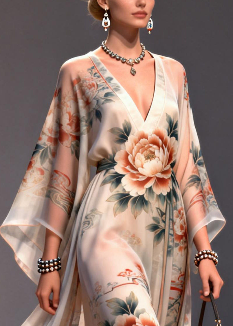 Apricot Floral Print Chiffon Maxi Dresses Exra Large Hem Summer