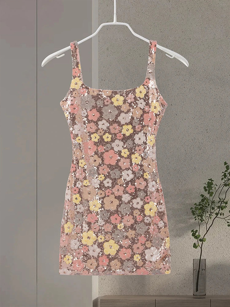 Sequined Flower Square Neck Slim Fit Homecoming Dress
