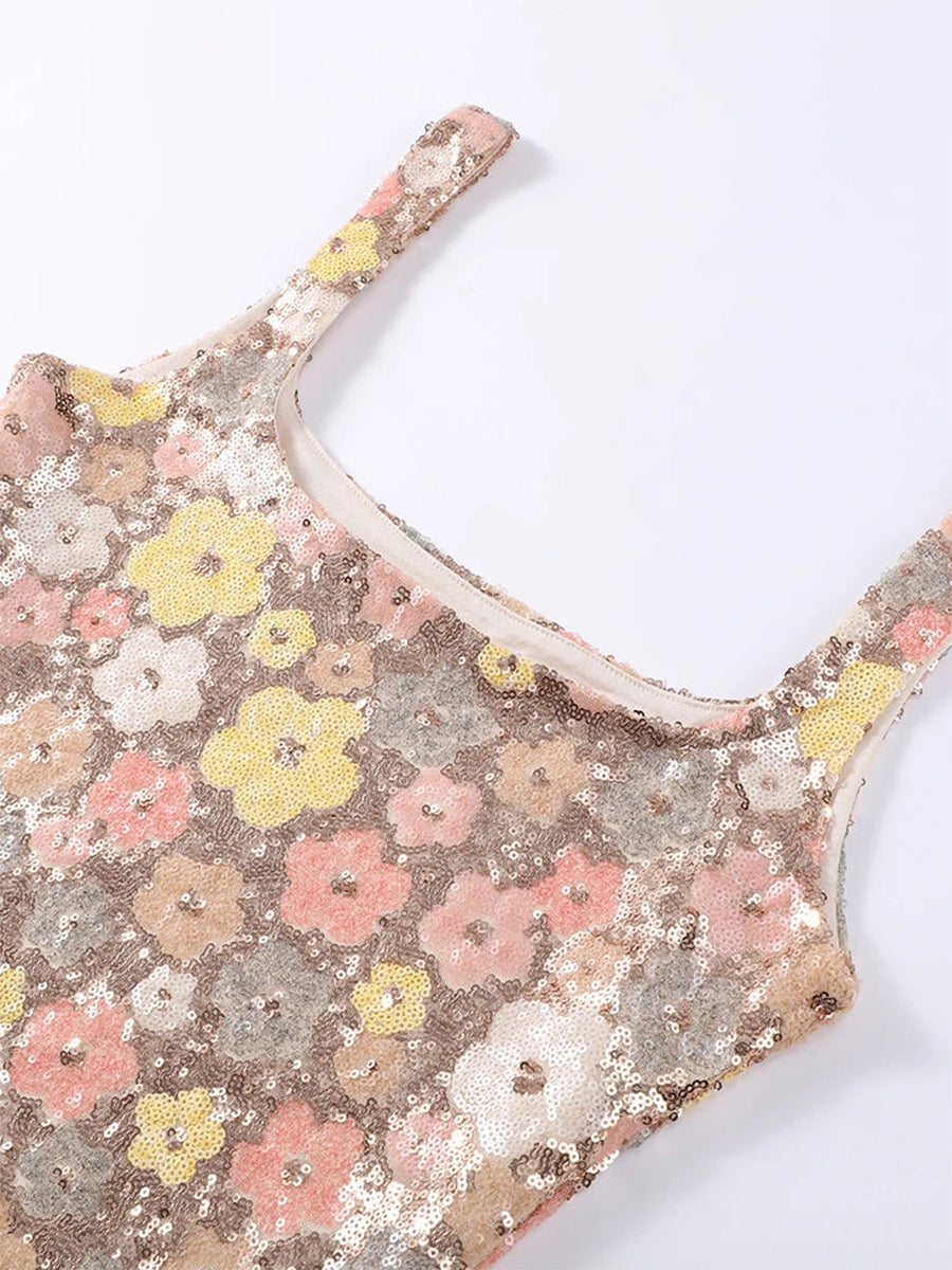 Sequined Flower Square Neck Slim Fit Homecoming Dress