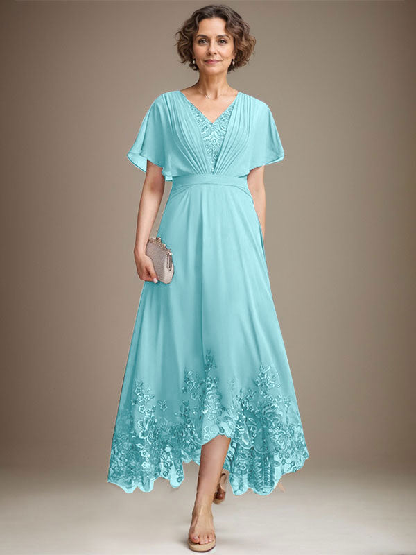 A-line V-Neck Asymmetrical Lace Chiffon Mother of the Bride Dress With Pleated - View 7 | FashionDia