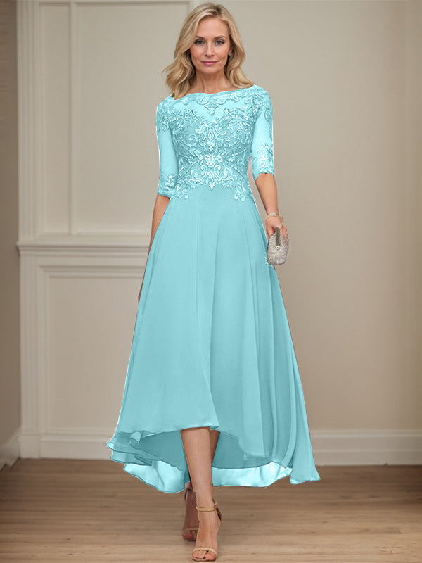A-line Boat Neck Illusion Asymmetrical Chiffon Lace Mother of the Bride Dress With Sequins Beading