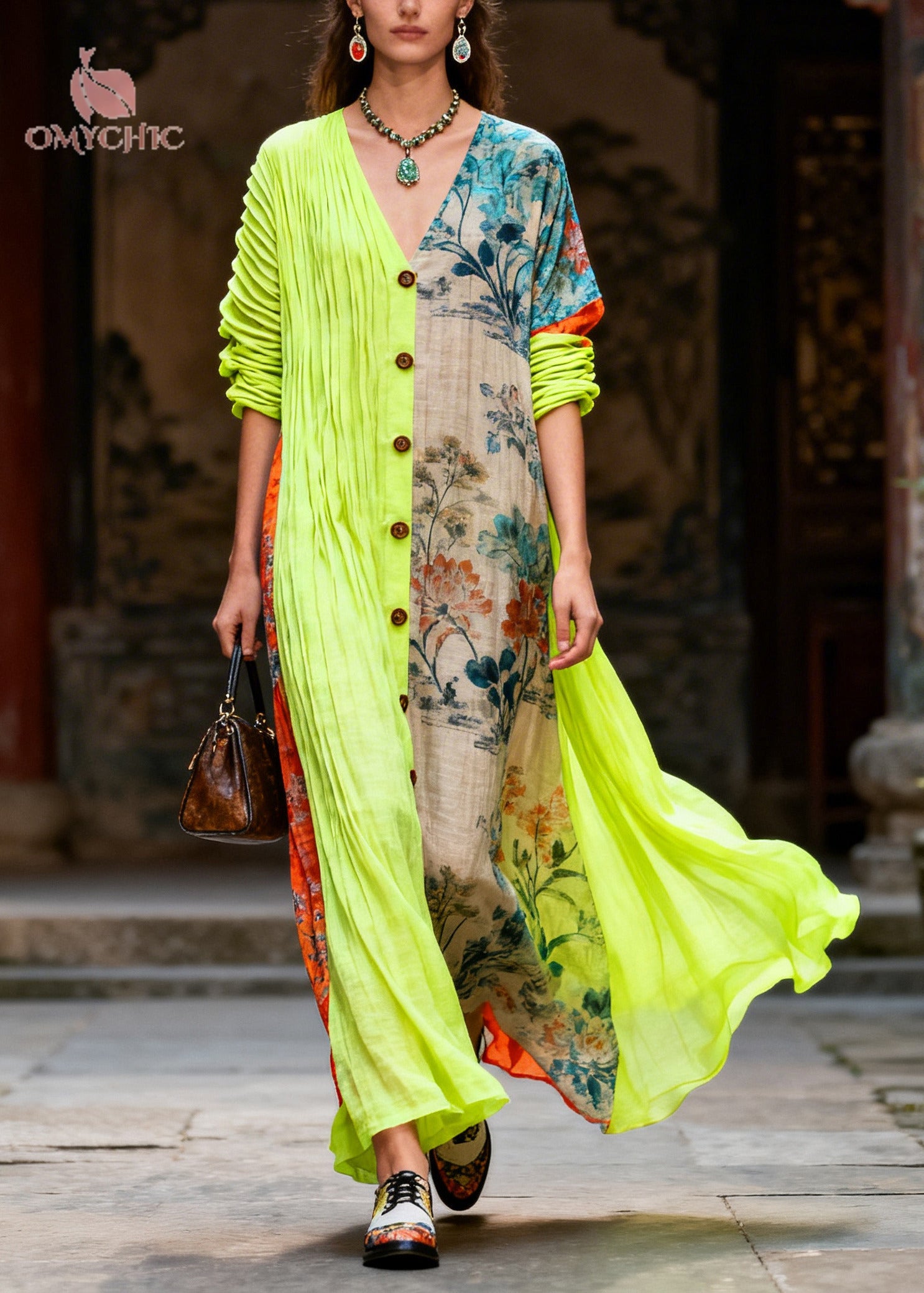 Art Colorblock Asymmetrical Patchwork Button Cotton Vacation Dress Summer