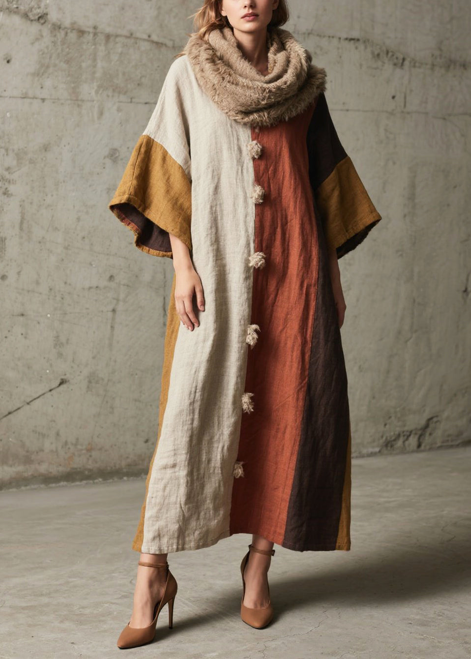 Art Colorblock Asymmetrical Patchwork Fuzzy Ball Decorated Long Dress Fall