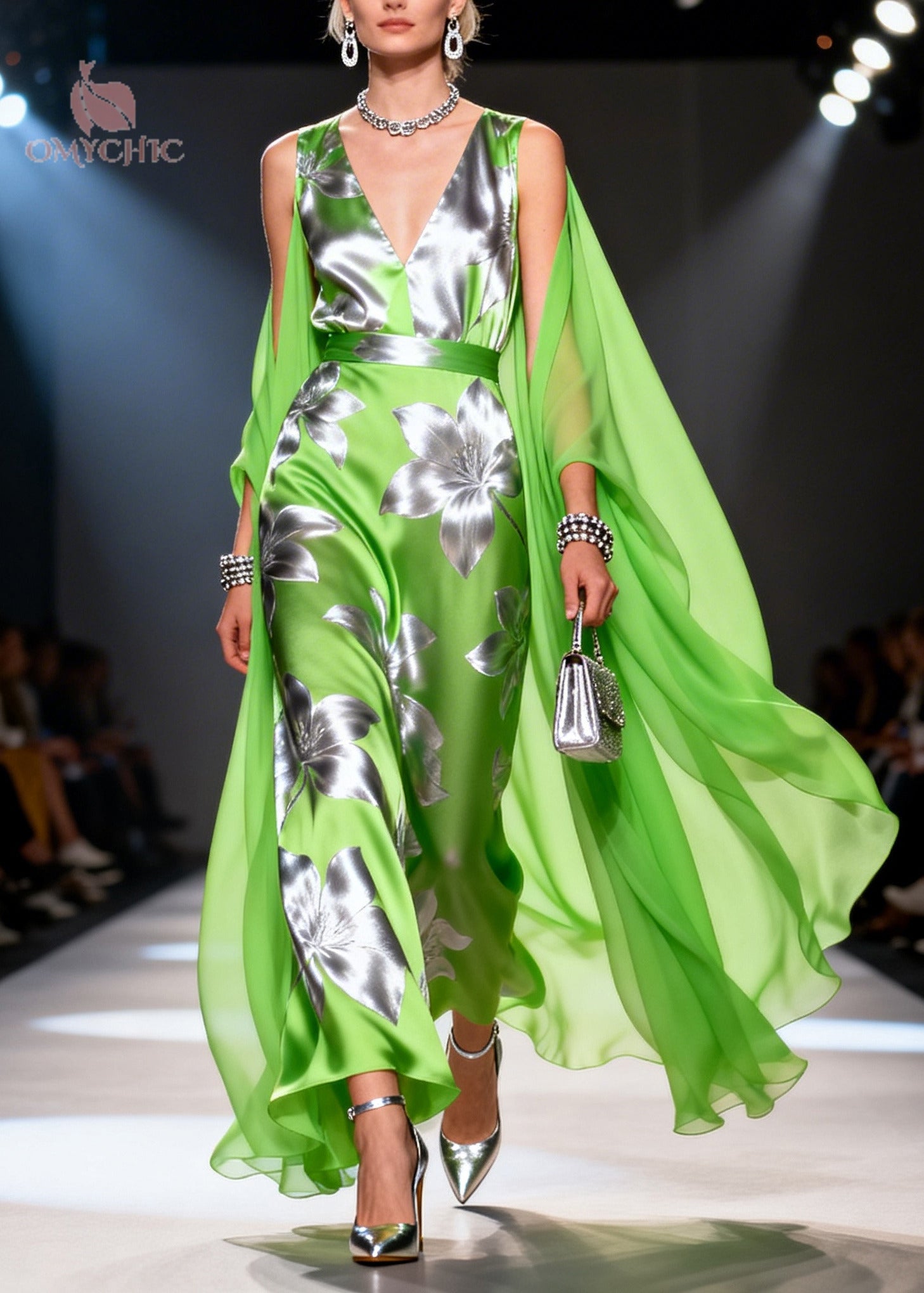 Art Grass Green Print Patchwork Chiffon Robe Dresses Summer