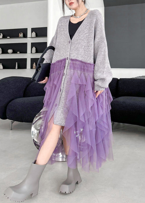Art Grey Ruffled Tulle Patchwork Knit Cardigan Dress Spring