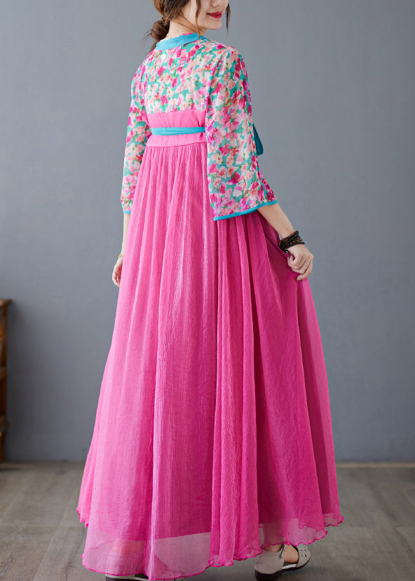 Art Rose V Neck Patchwork Exra Large Hem Cotton Long Dress Bracelet Sleeve