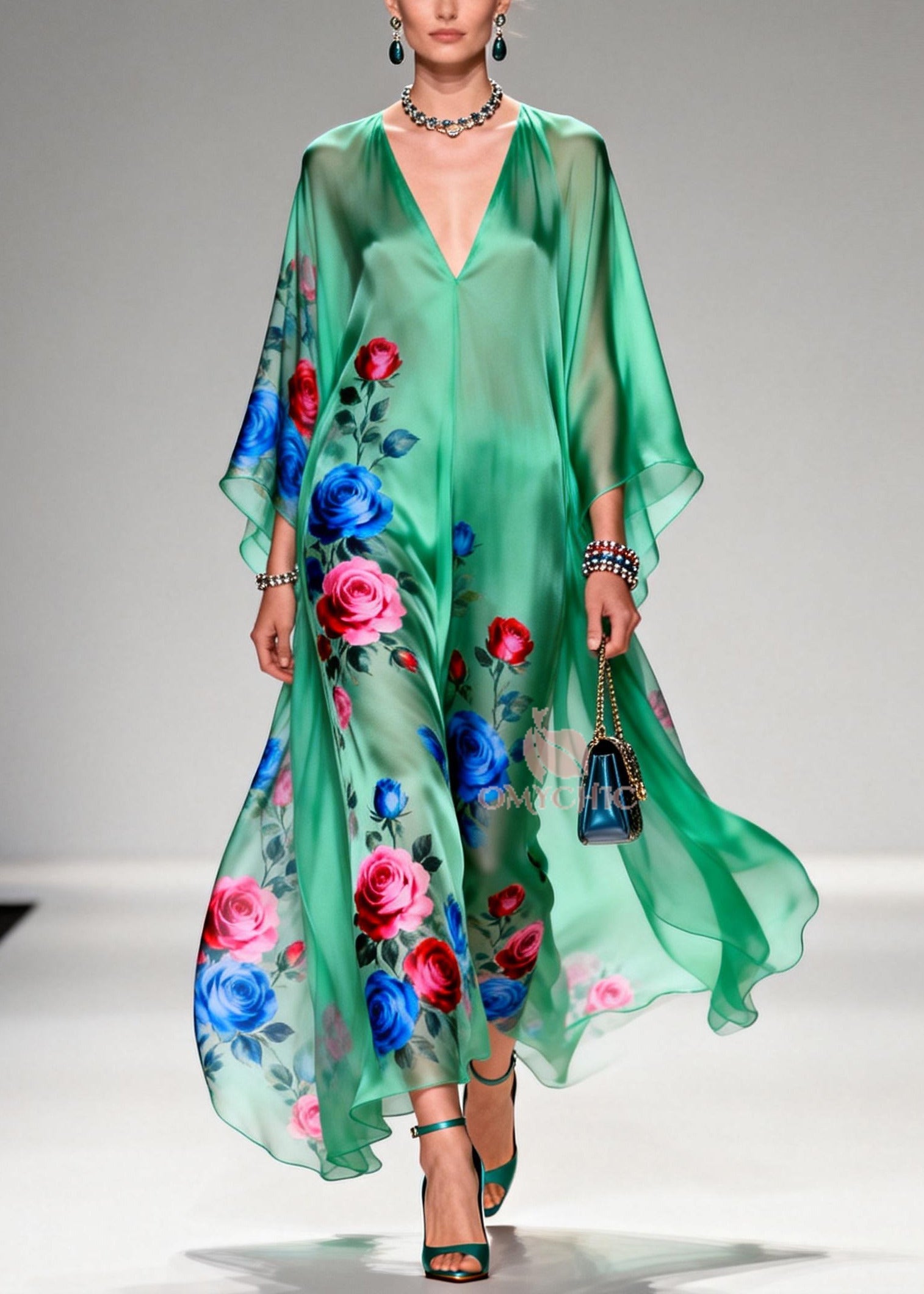 Art Tea Green Oversized Floral Print Chiffon Long Dresses Summer