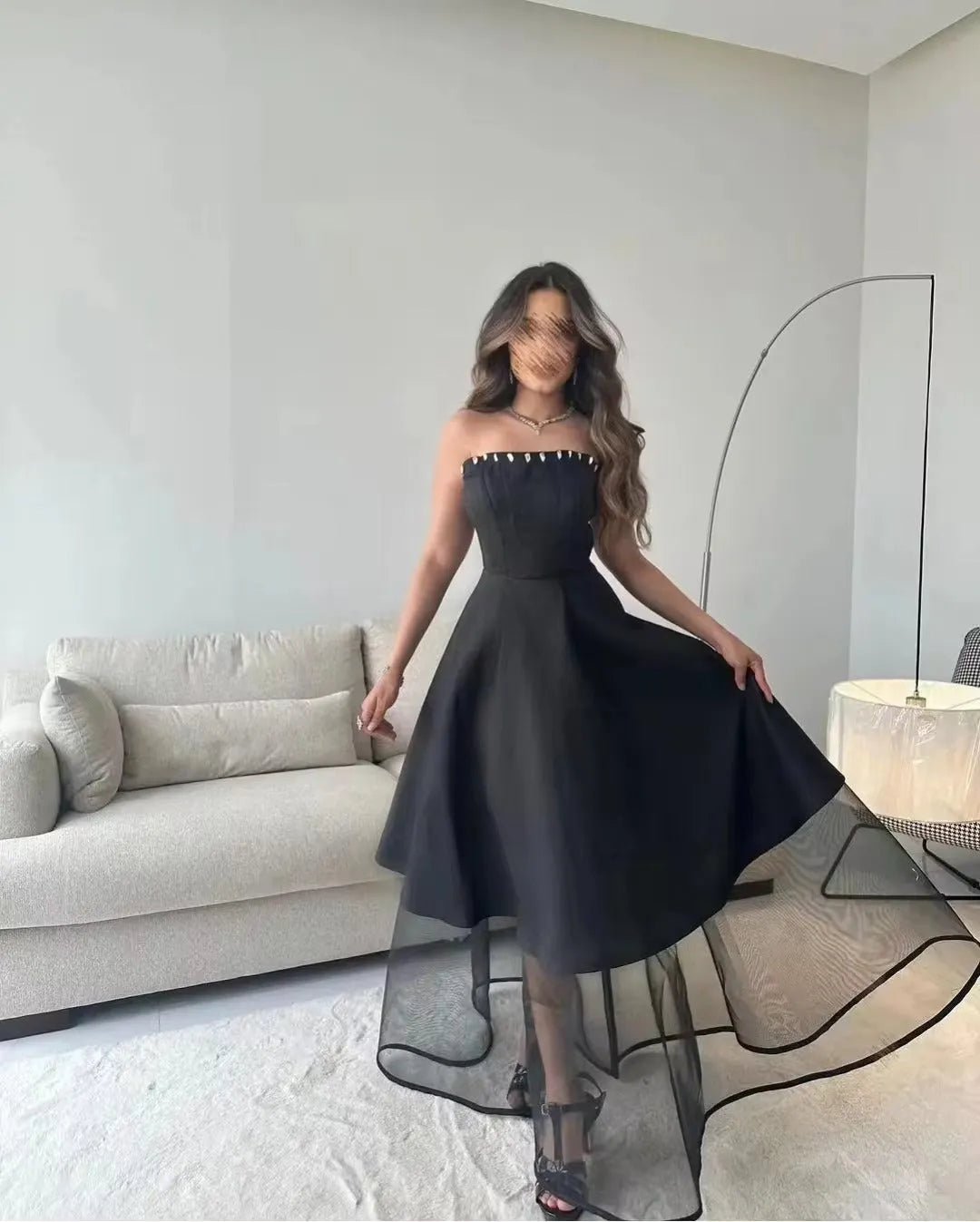 Black Saudi Arabic Organza Evening Dresses Strapless Crystal Formal Women Prom Gowns Special Occasion Dresses