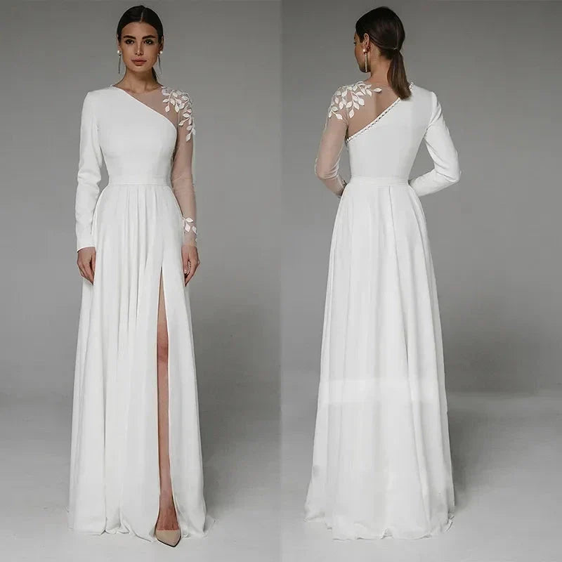 Asymmetrical Side Slit Wedding Dress Long Sleeve Civil Bridal Gown Party For Bride Button Applique Floor Length Свадебное платье (ZD13464)