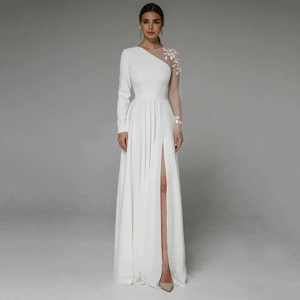 Asymmetrical Side Slit Wedding Dress Long Sleeve Civil Bridal Gown Party For Bride Button Applique Floor Length Свадебное платье by payinti