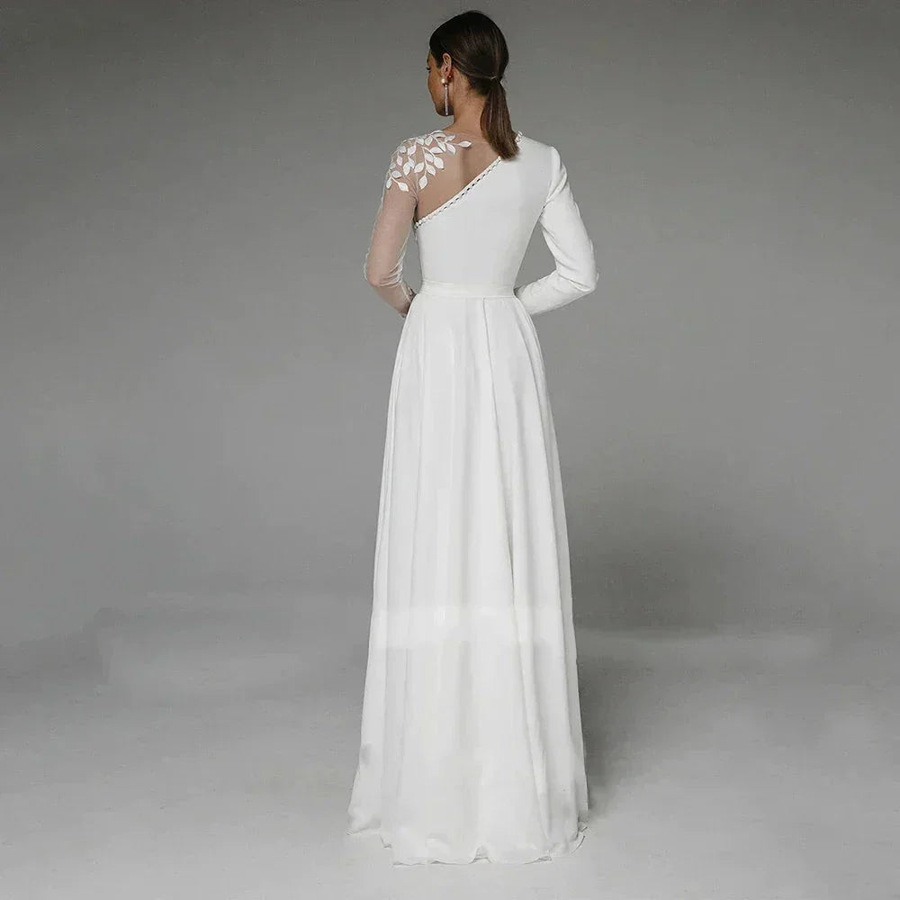 Asymmetrical Side Slit Wedding Dress Long Sleeve Civil Bridal Gown Party For Bride Button Applique Floor Length Свадебное платье (ZD13464)