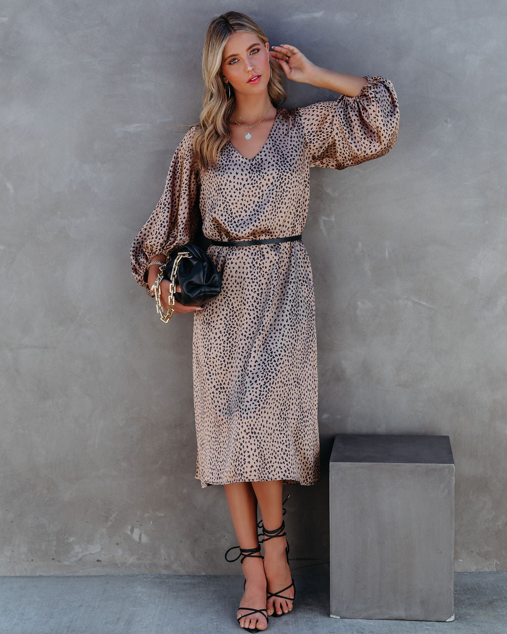Attitude Satin Printed Balloon Sleeve Midi Dress FINAL