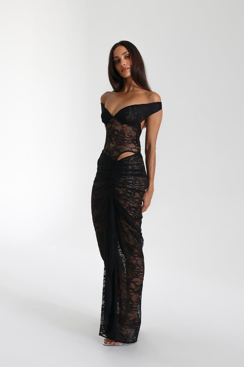 Miran - See - Through Lace Off - Shoulder Maxi Dress