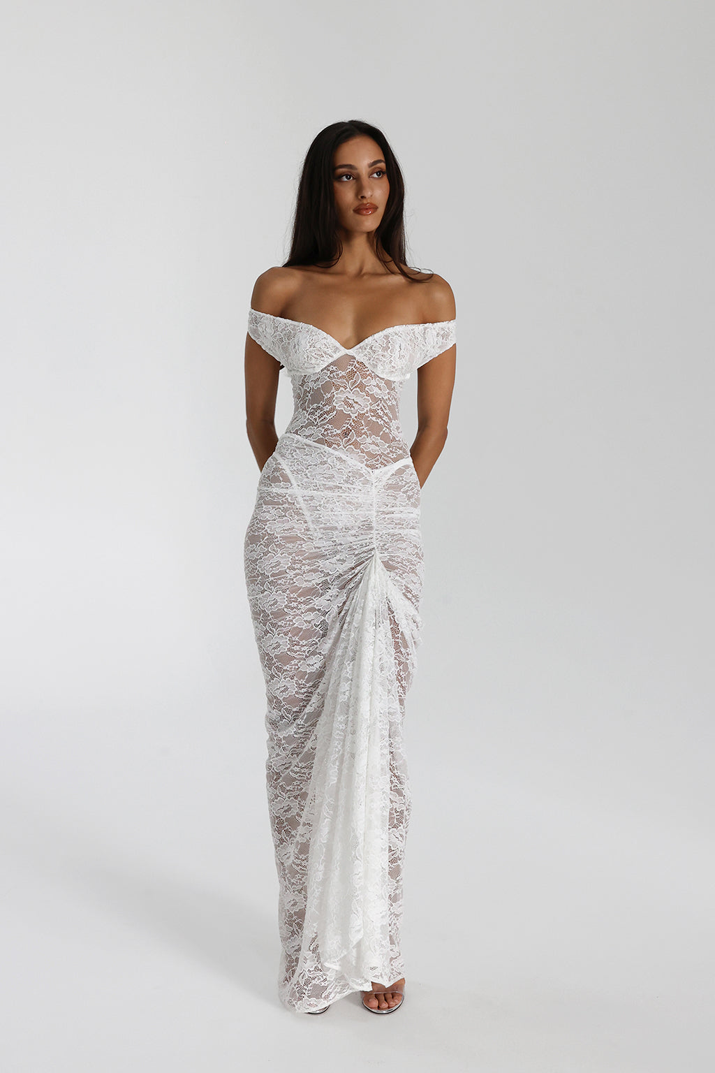 Miran - See - Through Lace Off - Shoulder Maxi Dress