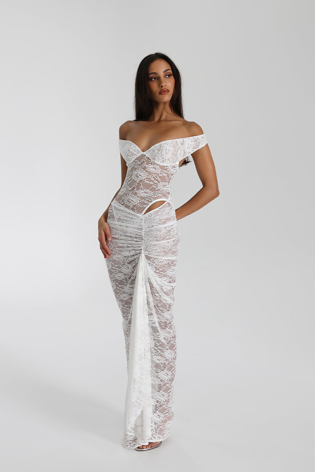 Miran - See - Through Lace Off - Shoulder Maxi Dress