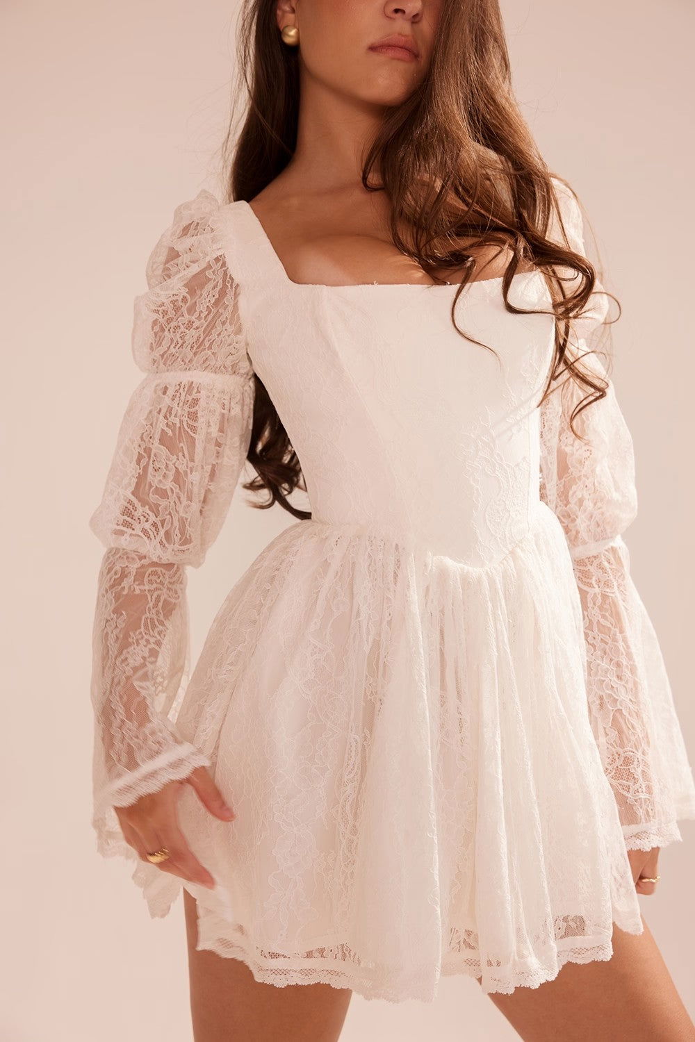 Lace Stitching Elegant Lady Lotus Rhizome Node Solid Color Dress Short Dress