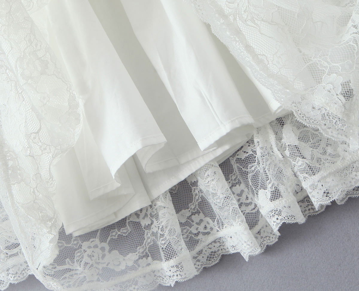 Lace Stitching Elegant Lady Lotus Rhizome Node Solid Color Dress Short Dress