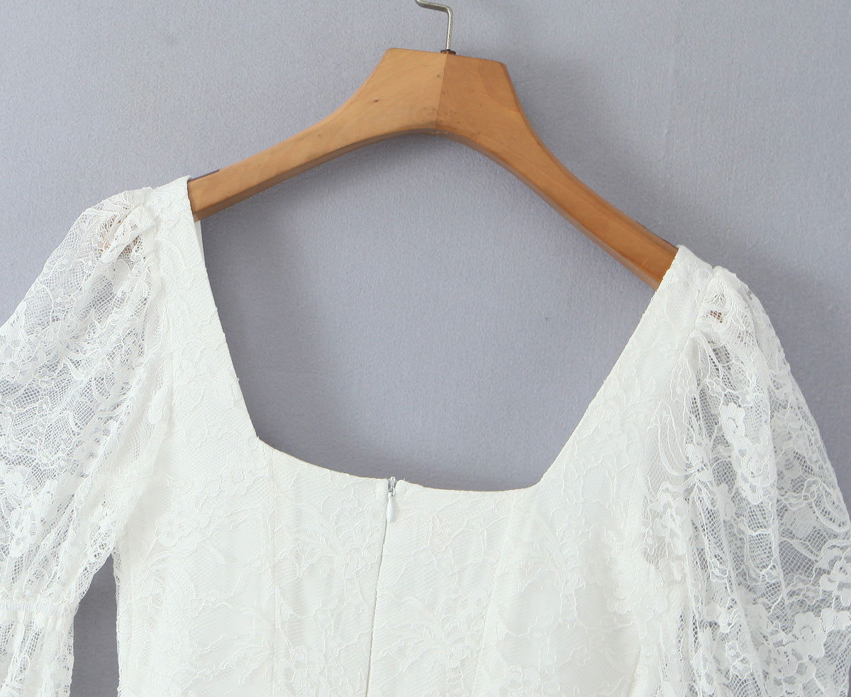 Lace Stitching Elegant Lady Lotus Rhizome Node Solid Color Dress Short Dress