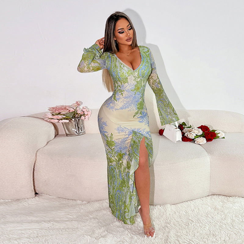 Maxi Dress Elegant Slim Print Irregular Asymmetric Hem