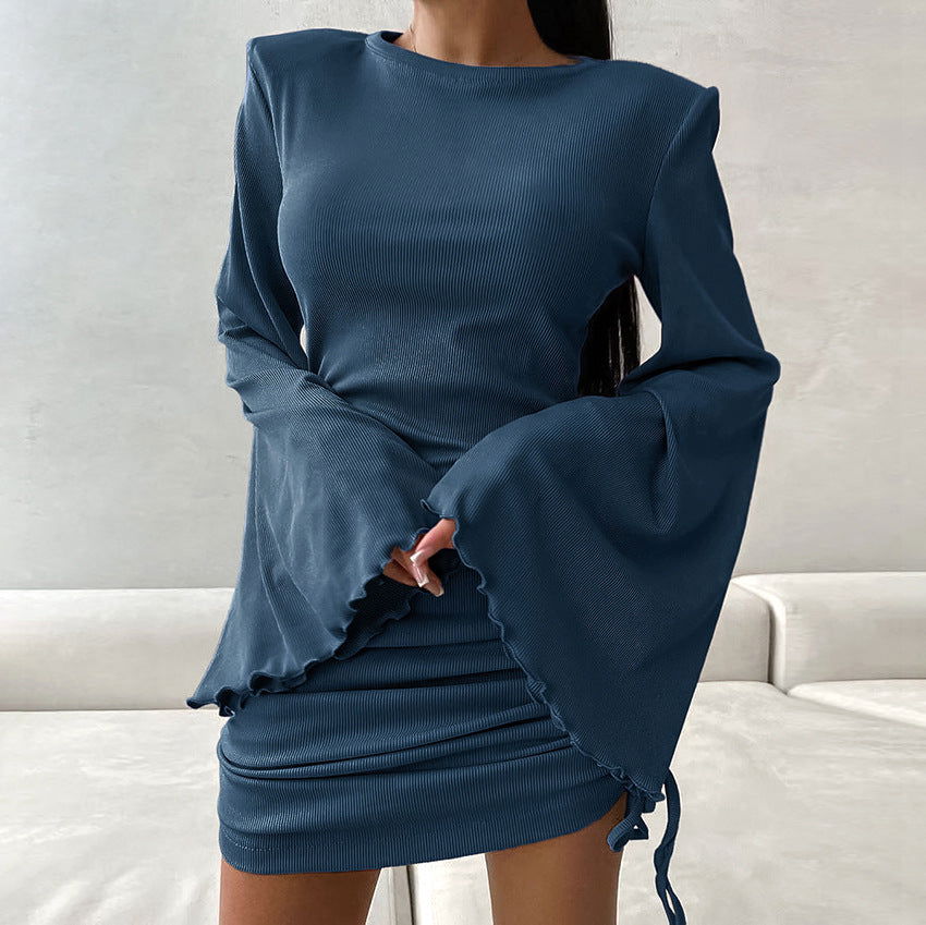 Elegant Round Neck Flared Sleeves Tight Lace Up Dress Knitted Solid Color Dress