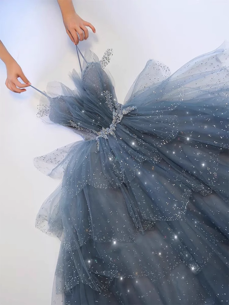 Vintage A-Line Straps Tulle Dusty Blue Long Prom Dress - FashionDia