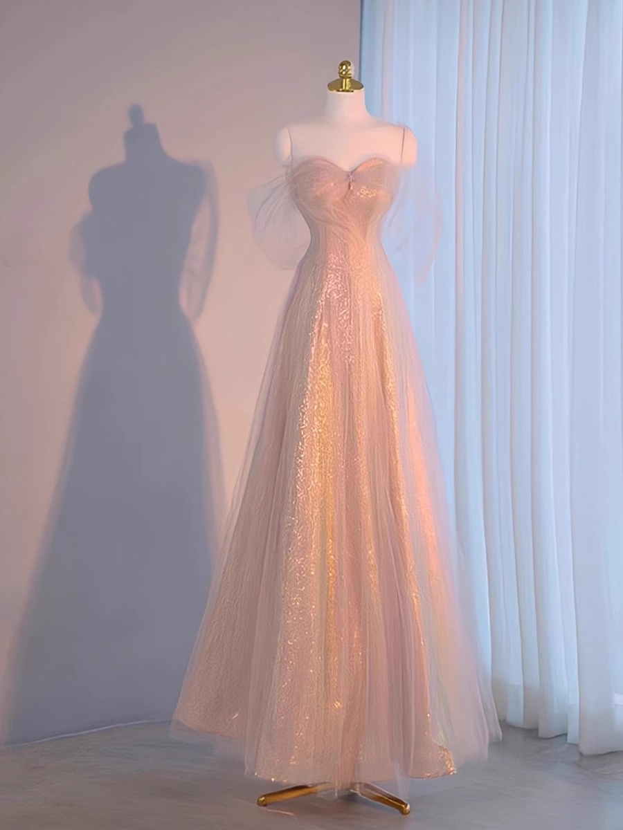 A-Line Spaghetti Straps Floor-Length Pink Long Prom Dresses - FashionDia