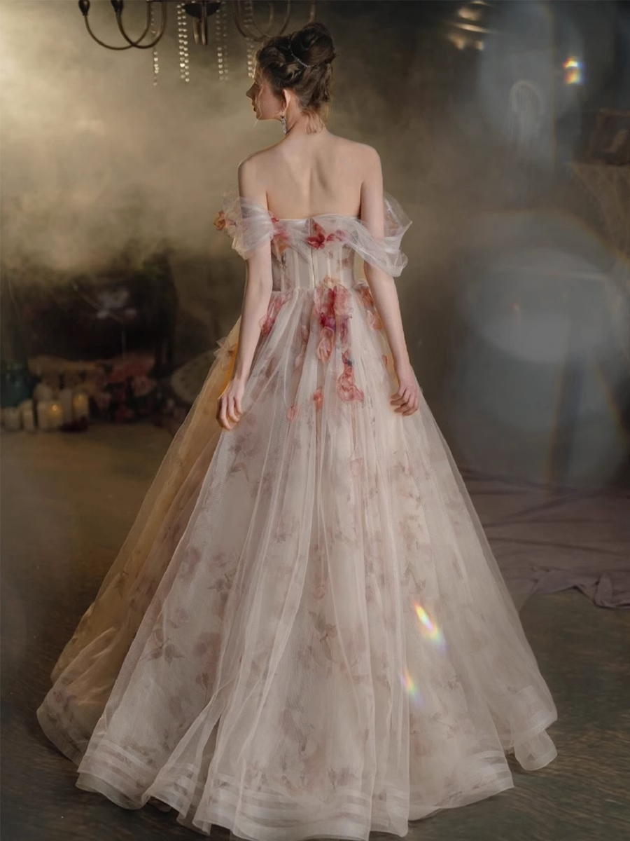 Beautiful A line Off The Shoulder Tulle Floral Wedding Dresses B018