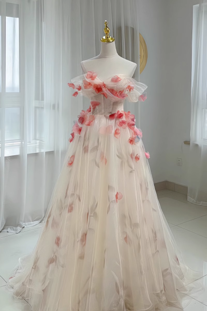 Beautiful A-Line Off-the-Shoulder Tulle Floral Wedding Dresses - FashionDia