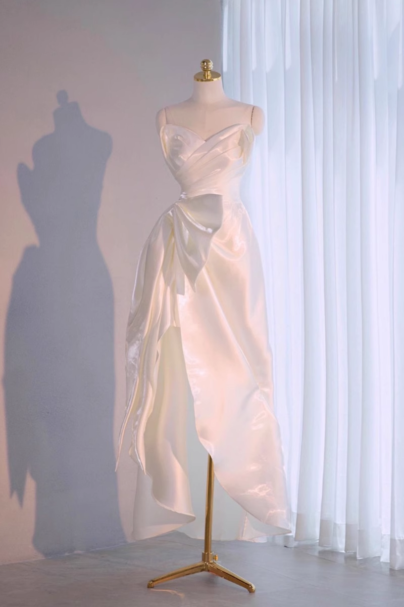 Beautiful High Low Spaghetti Straps Satin White Wedding Dresses B019