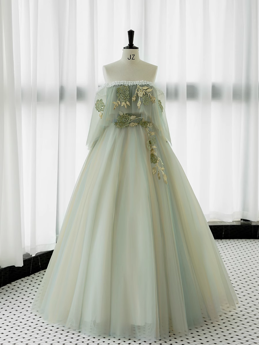 Ball Gown Short Sleeves Tulle Green Long Prom Dresses - FashionDia