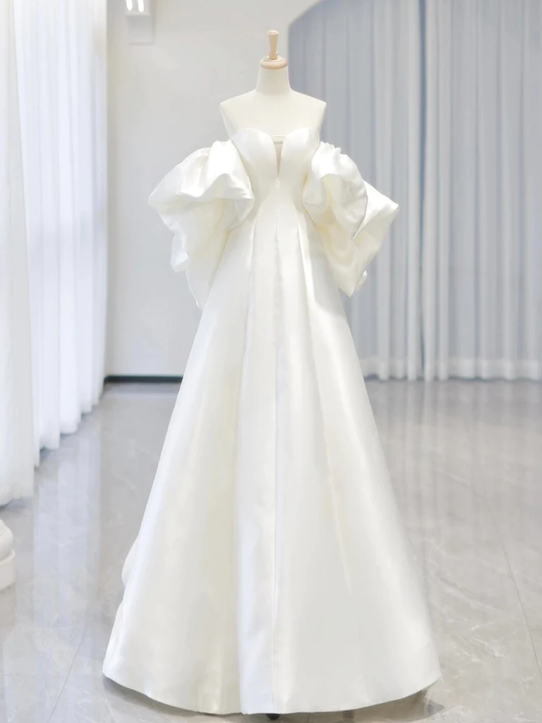 A-Line Sweetheart Neck Satin White Long Wedding Dresses B049