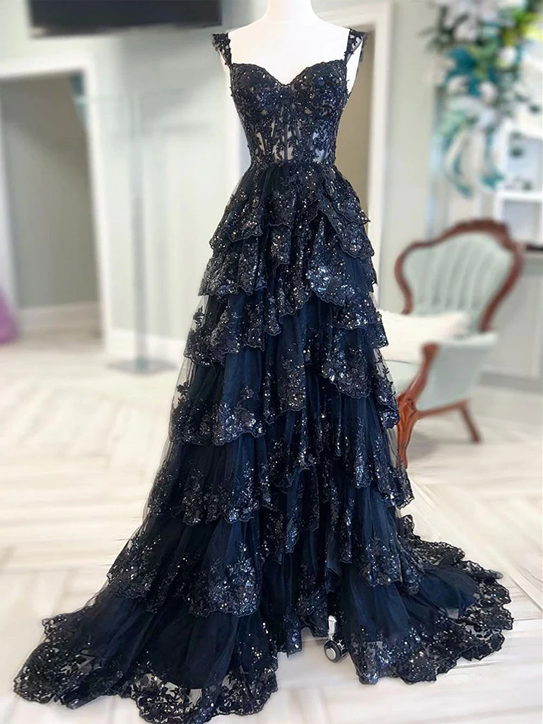 Cute A-Line Sweetheart Neck Tulle Sequin Black Long Prom Dress - FashionDia