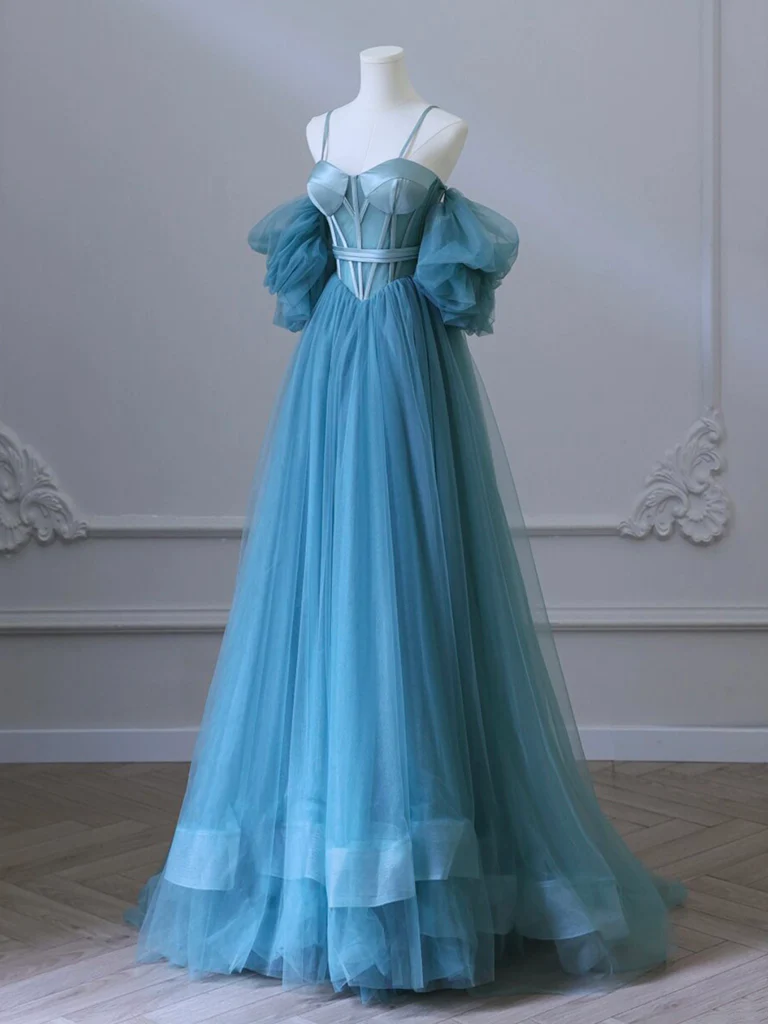 Simple A-Line Sweetheart Neck Tulle Blue Long Prom Dress