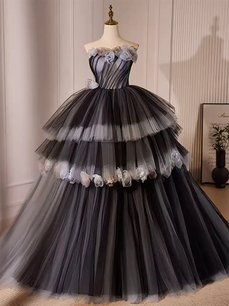 Ball Gown Black Tulle Long Prom Gown Sweet 16 Dresses B069