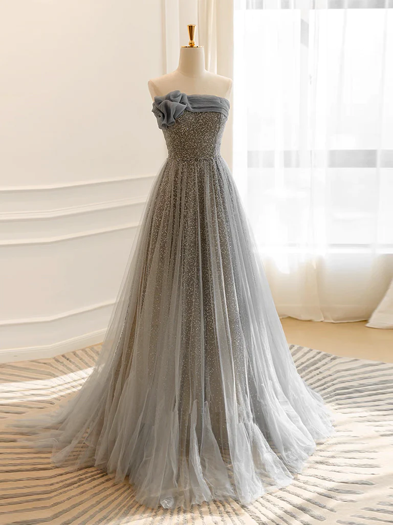 A-Line Gray Tulle Sequin Long Prom Dress - FashionDia