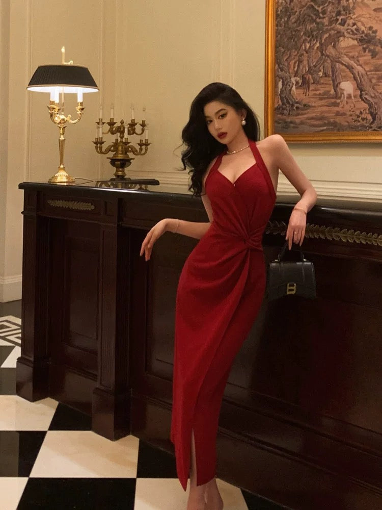 Classy Sheath Halter Red Slit Velvet Prom Dresses Birthday Outfits