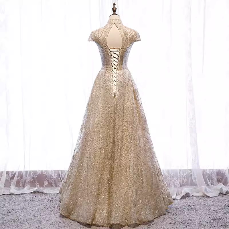 A line High Neckline Sequin Long Gold Prom Dress