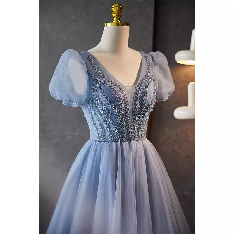 A line V Neckline Short Sleeves Long Blue Prom Dress