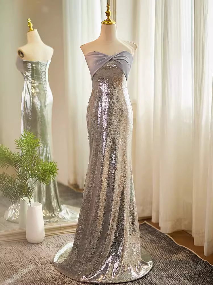 Modest Mermaid Strapless Sequin Long Silver Prom Dress