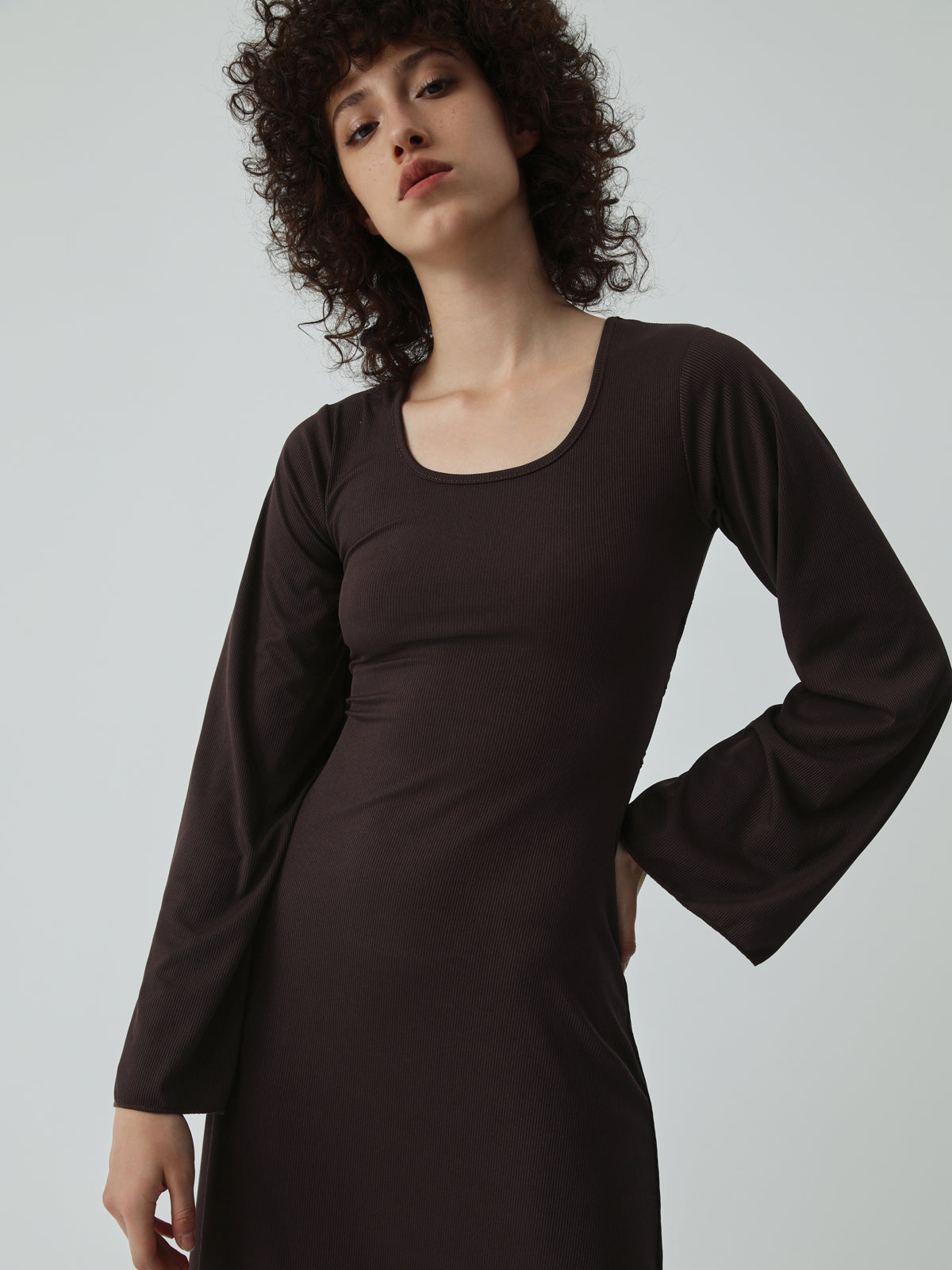 Caramel Flare Long Trendy Sleeve Knit Long Dress