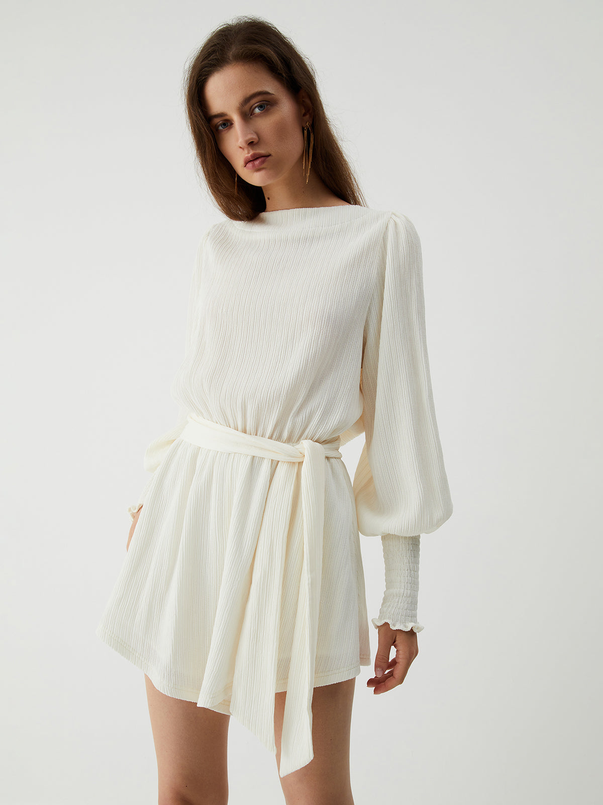 Tie Front Cowl Back Modern Long Sleeve Short Dress