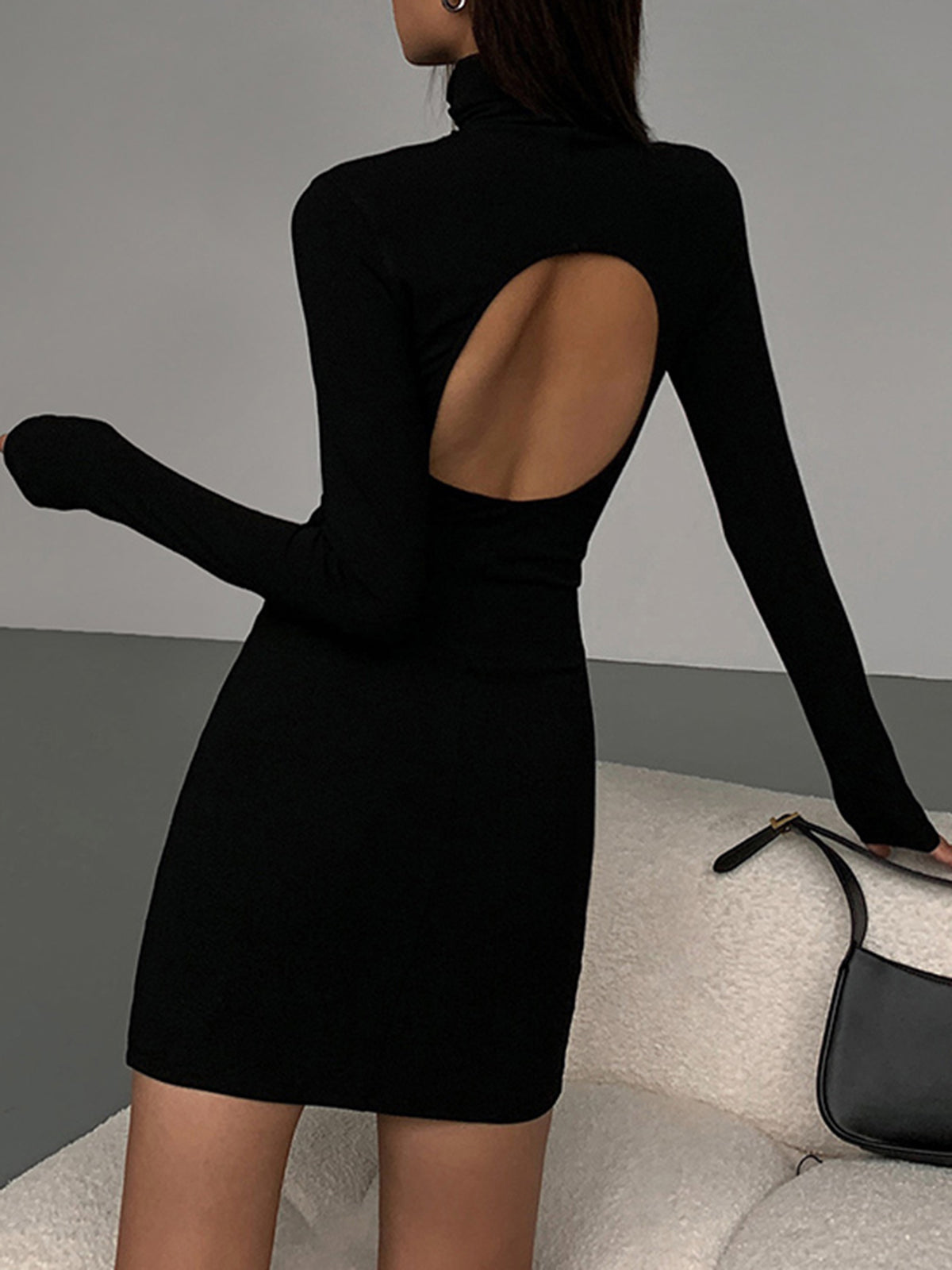 Turtleneck Open Back Trendy Long Sleeve Short Dress