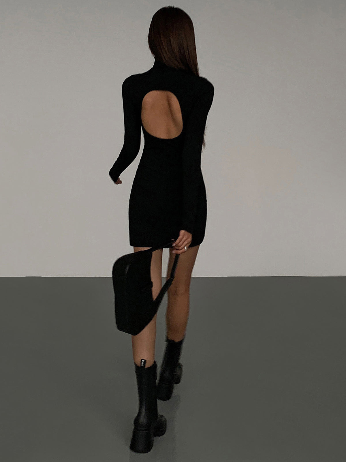 Turtleneck Open Back Trendy Long Sleeve Short Dress