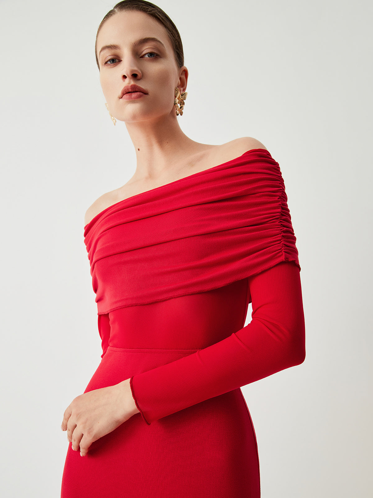 Abriella Off Shoulder Overfold Mesh Maxi Dress